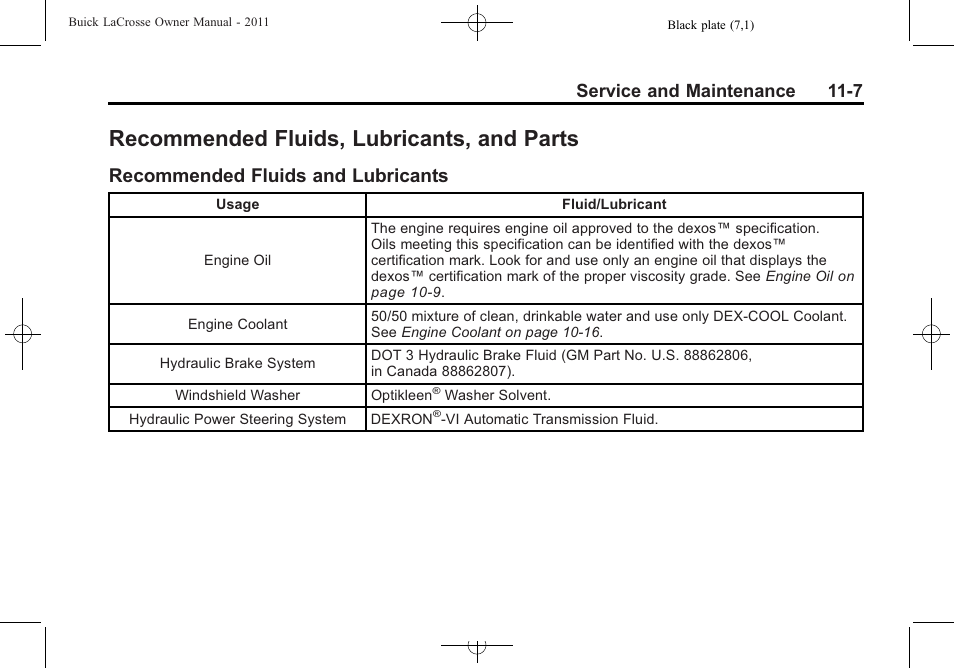 Recommended fluids, lubricants, and parts, Recommended fluids and lubricants, Recommended fluids | Lubricants, and parts -7, Recommended fluids and, Lubricants -7, Service and maintenance 11-7 | Buick 2011 Lacrosse User Manual | Page 407 / 446