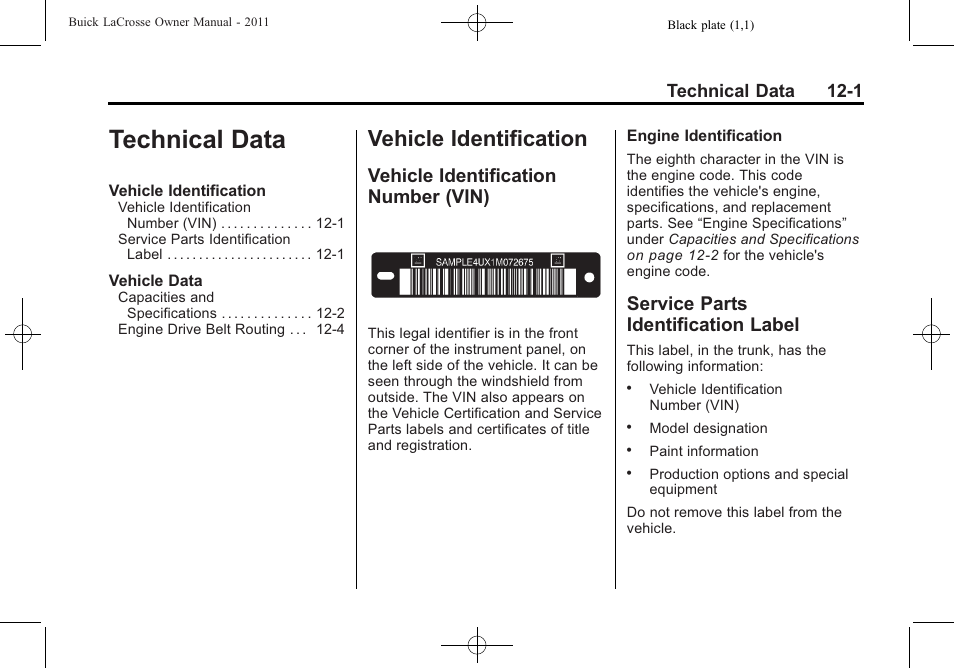 Technical data, Vehicle identification, Vehicle identification number (vin) | Service parts identification label, Technical data -1, Identification -1, Technical data 12-1 | Buick 2011 Lacrosse User Manual | Page 413 / 446