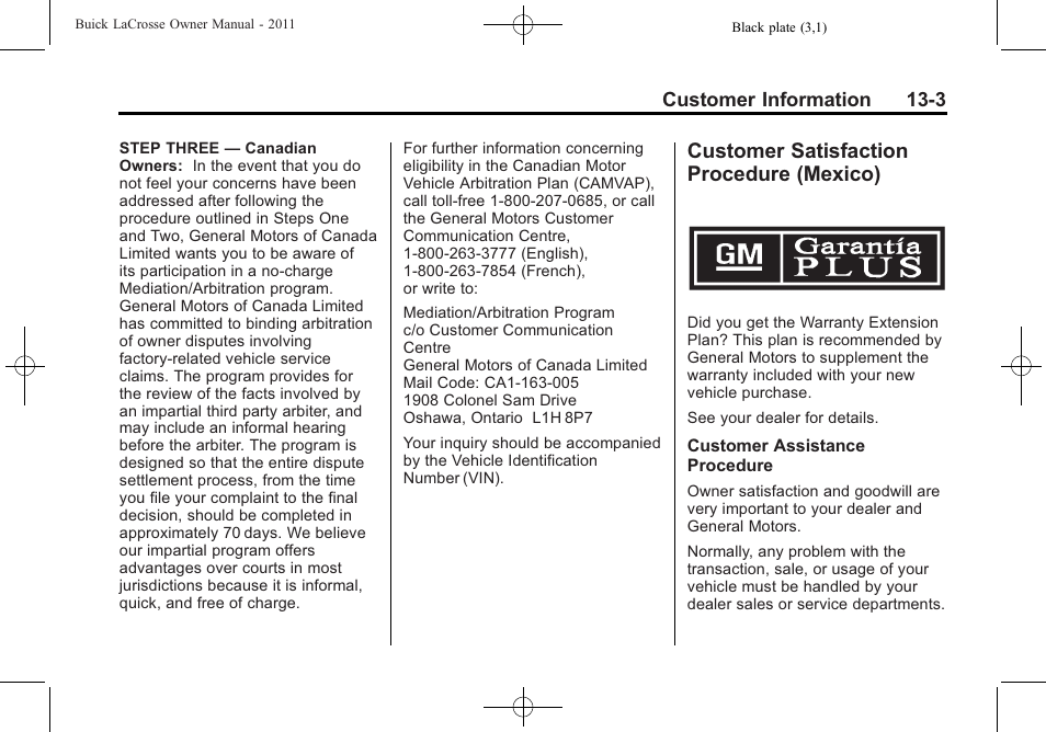 Customer satisfaction procedure (mexico), Customer satisfaction, Procedure (mexico) -3 | Buick 2011 Lacrosse User Manual | Page 419 / 446
