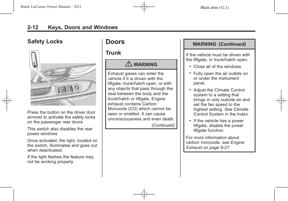 Safety locks, Doors, Trunk | Doors -12, Vehicle, Safety locks -12, Trunk -12, Manual | Buick 2011 Lacrosse User Manual | Page 42 / 446