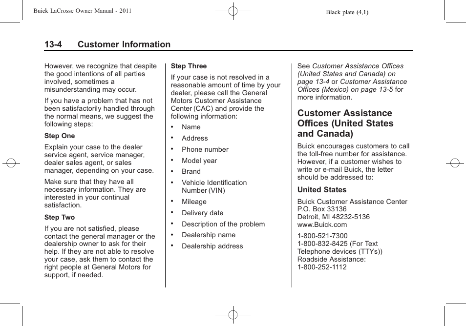 Customer assistance offices, United states and canada) -4, General | 4 customer information | Buick 2011 Lacrosse User Manual | Page 420 / 446