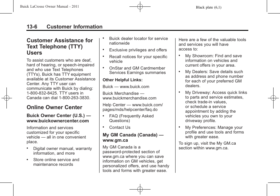 Customer assistance for text telephone (tty) users, Online owner center, Customer assistance for text | Telephone (tty) users -6, Online owner center -6, 6 customer information | Buick 2011 Lacrosse User Manual | Page 422 / 446