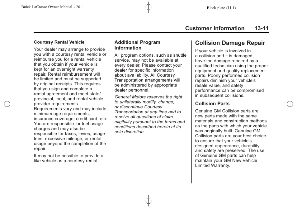 Collision damage repair, Collision damage repair -11 | Buick 2011 Lacrosse User Manual | Page 427 / 446