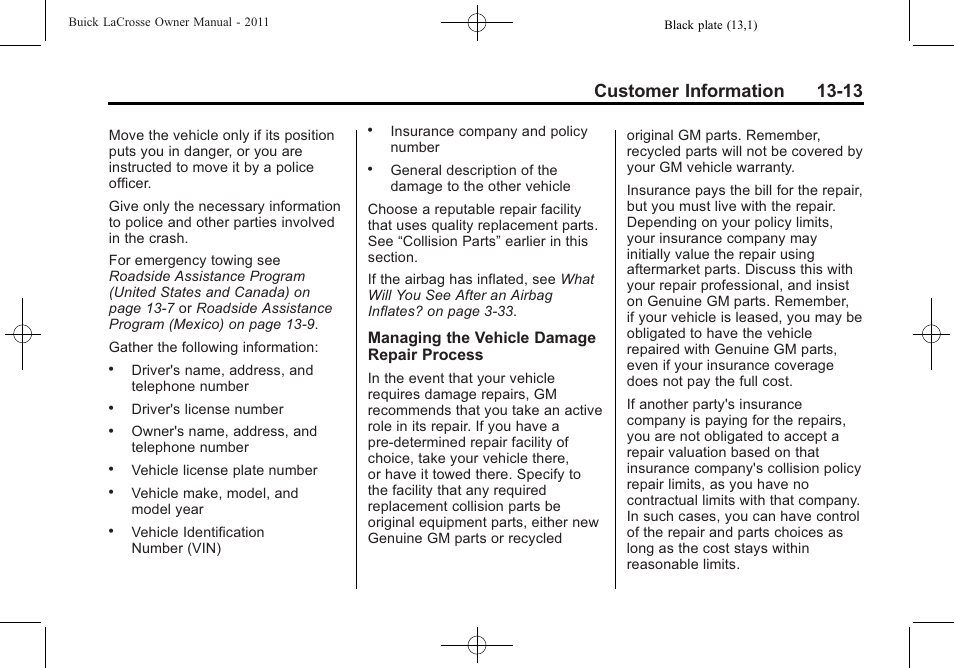 Customer information 13-13 | Buick 2011 Lacrosse User Manual | Page 429 / 446