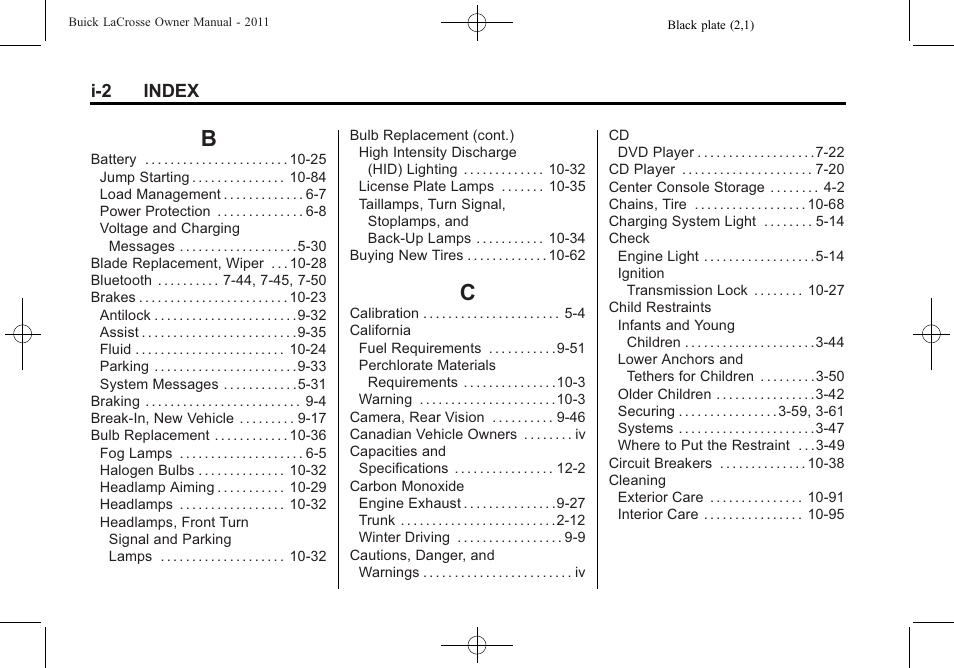 Index_b, Index_c, I-2 index | Buick 2011 Lacrosse User Manual | Page 436 / 446
