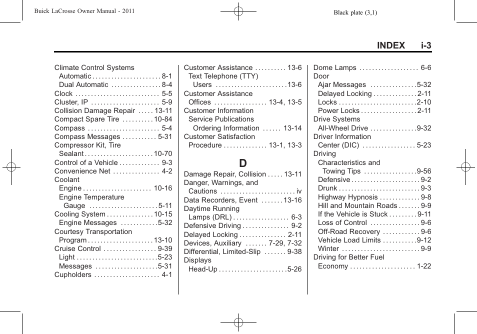 Index_d, Index i-3 | Buick 2011 Lacrosse User Manual | Page 437 / 446