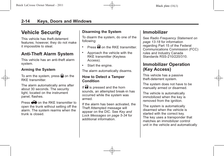 Vehicle security, Anti-theft alarm system, Immobilizer | Immobilizer operation (key access), Vehicle security -14, Vehicle personalization, Access) -14, Power | Buick 2011 Lacrosse User Manual | Page 44 / 446