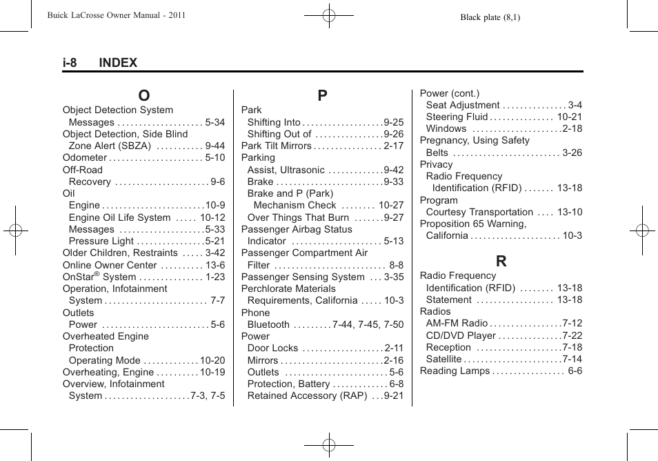 Index_o, Index_p, Index_r | I-8 index | Buick 2011 Lacrosse User Manual | Page 442 / 446