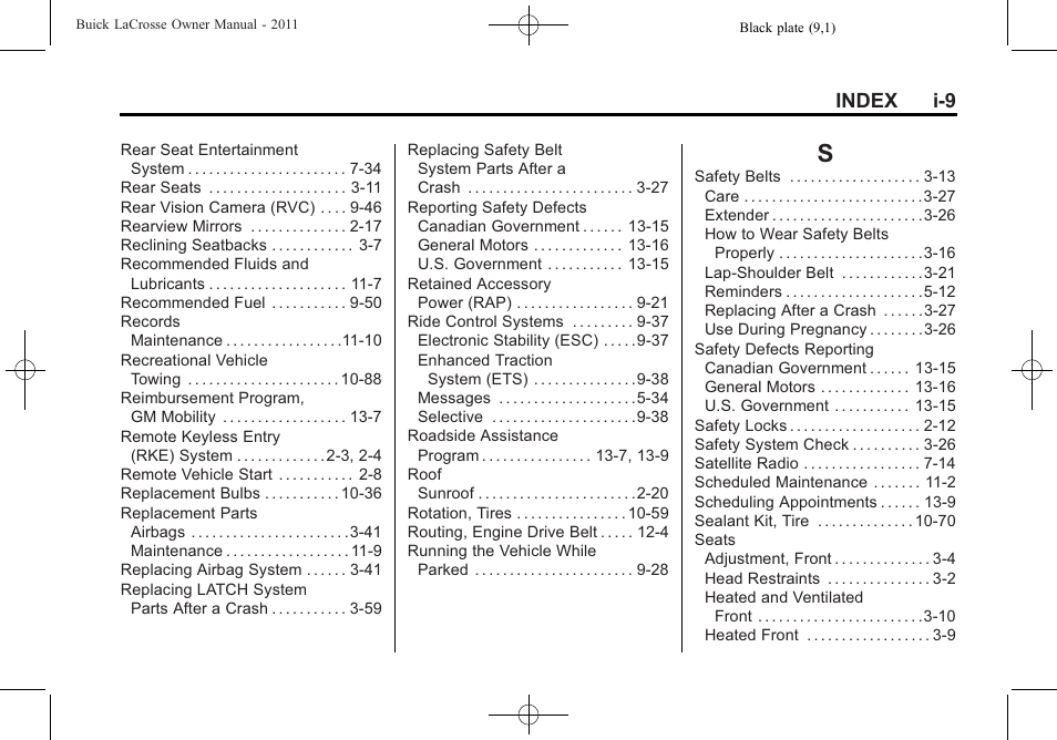Index_s, Index i-9 | Buick 2011 Lacrosse User Manual | Page 443 / 446