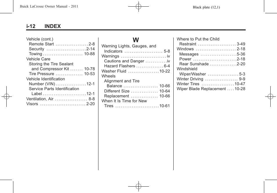Index_w, I-12 index | Buick 2011 Lacrosse User Manual | Page 446 / 446