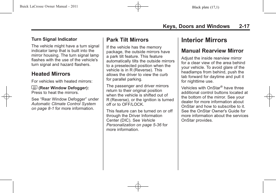 Heated mirrors, Park tilt mirrors, Interior mirrors | Manual rearview mirror, Interior mirrors -17, Heated mirrors -17 park tilt mirrors -17, Rearview mirror -17 | Buick 2011 Lacrosse User Manual | Page 47 / 446