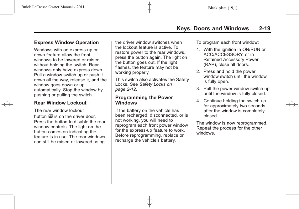 Keys, doors and windows 2-19 | Buick 2011 Lacrosse User Manual | Page 49 / 446