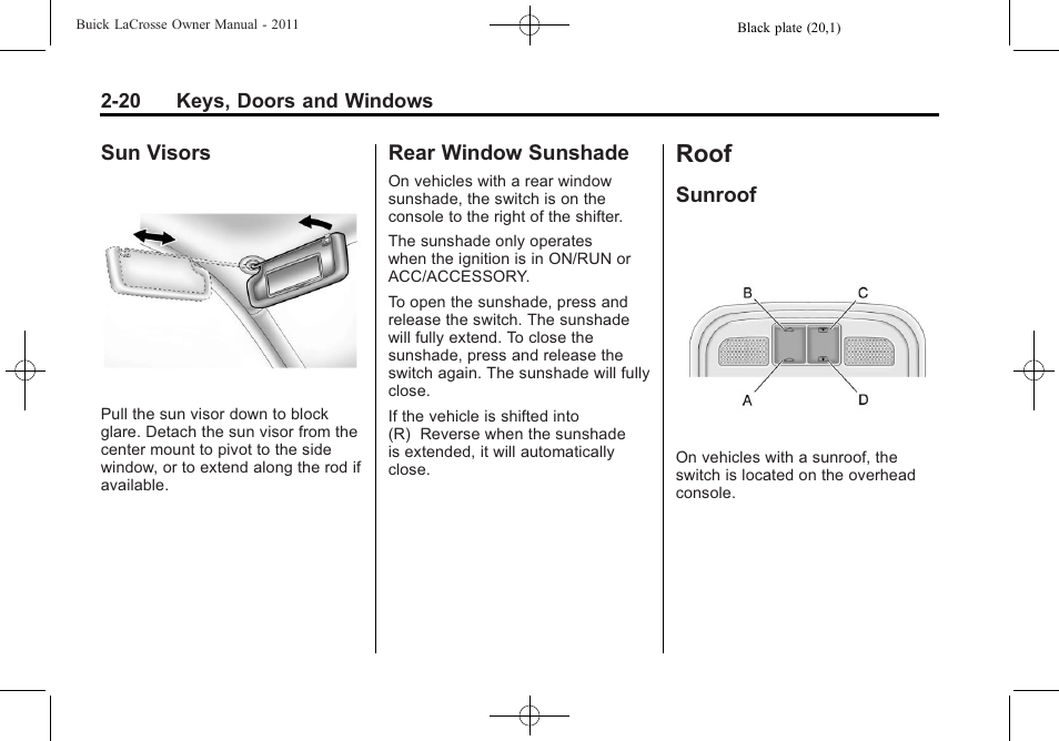 Sun visors, Rear window sunshade, Roof | Sunroof, Roof -20, Sun visors -20 rear window sunshade -20, Sunroof -20 | Buick 2011 Lacrosse User Manual | Page 50 / 446