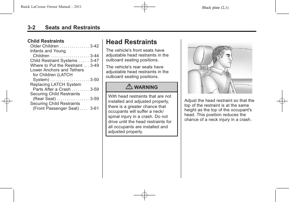 Head restraints, Head restraints -2 | Buick 2011 Lacrosse User Manual | Page 54 / 446