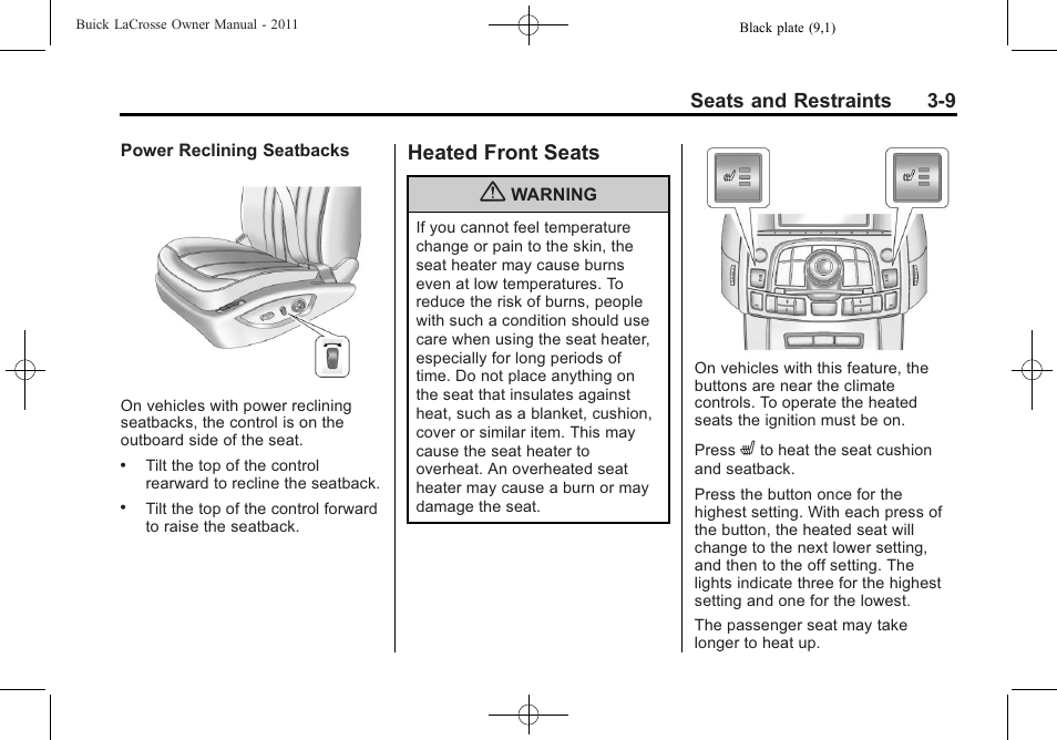 Heated front seats, Heated front seats -9 | Buick 2011 Lacrosse User Manual | Page 61 / 446