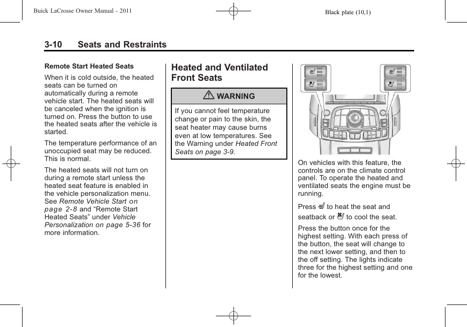Heated and ventilated front seats, Heated and ventilated front, Seats -10 | Buick 2011 Lacrosse User Manual | Page 62 / 446