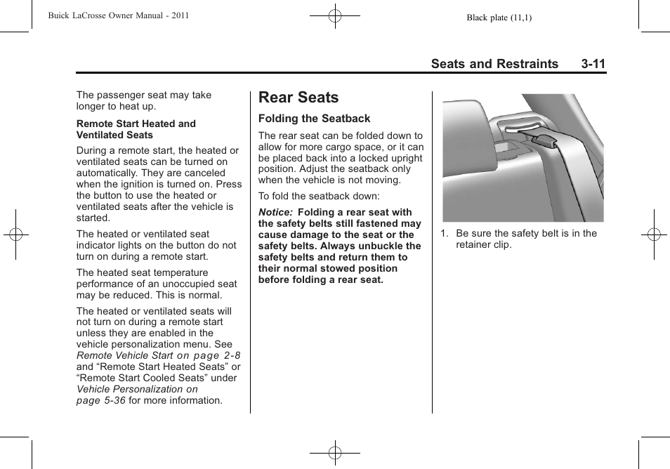 Rear seats, Rear seats -11, Airbag | Buick 2011 Lacrosse User Manual | Page 63 / 446