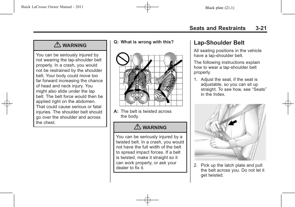 Lap-shoulder belt, Lap-shoulder belt -21 | Buick 2011 Lacrosse User Manual | Page 73 / 446