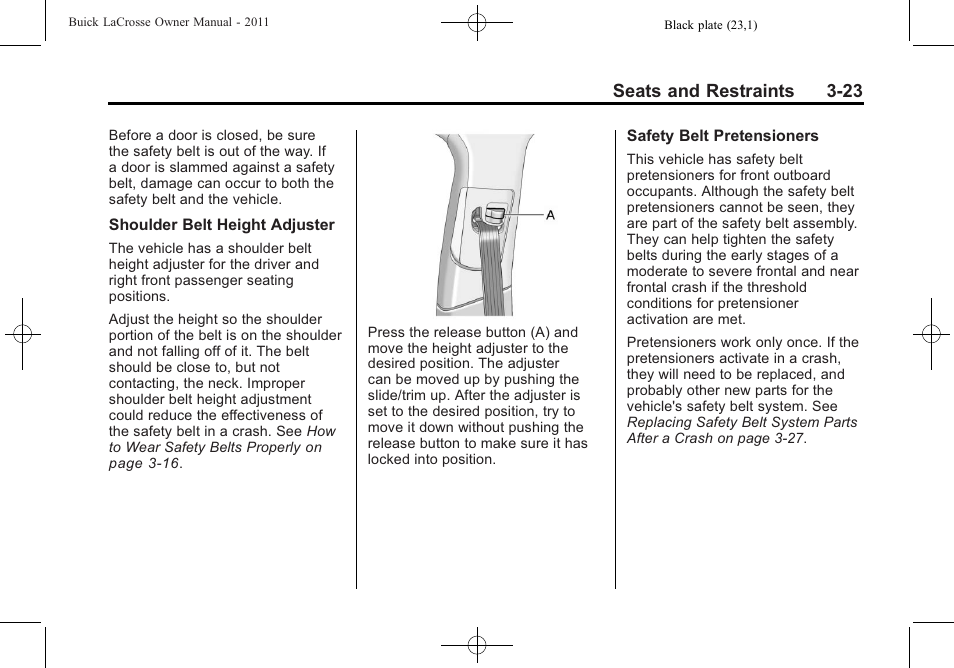 Seats and restraints 3-23 | Buick 2011 Lacrosse User Manual | Page 75 / 446