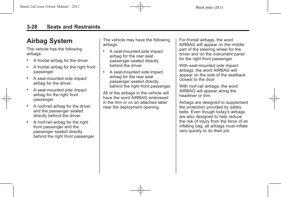 Airbag system, Airbag system -28, System -28 | 28 seats and restraints | Buick 2011 Lacrosse User Manual | Page 80 / 446