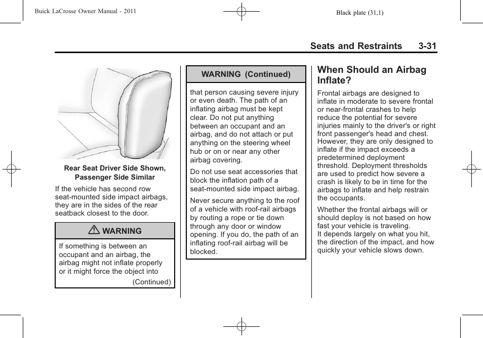 When should an airbag inflate, When should an airbag, Inflate? -31 | Buick 2011 Lacrosse User Manual | Page 83 / 446