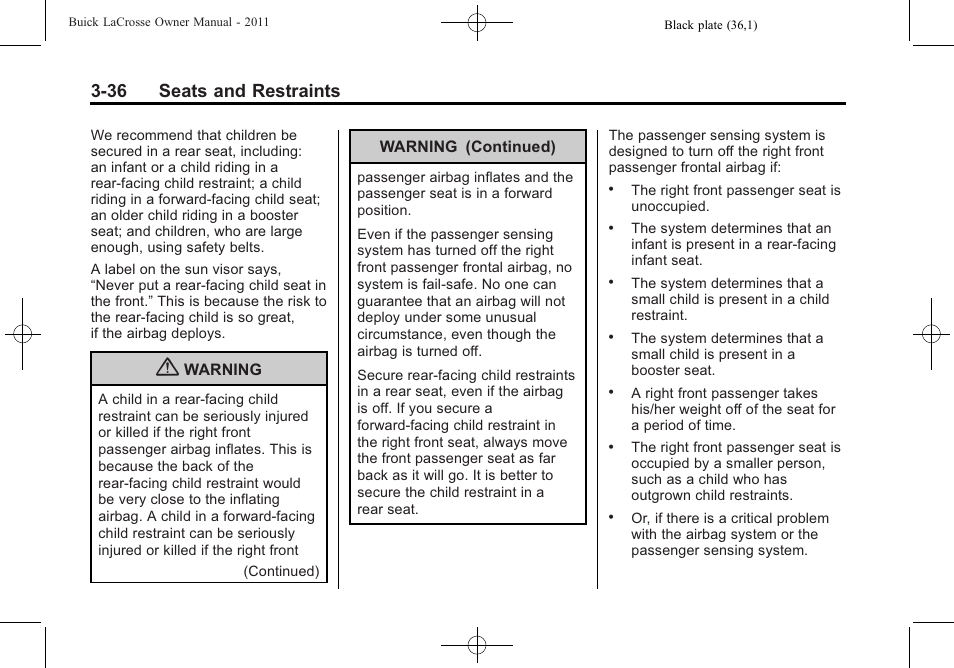36 seats and restraints | Buick 2011 Lacrosse User Manual | Page 88 / 446