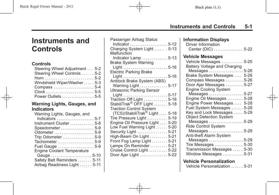 Instruments and controls, Instruments and controls -1, Instruments and controls 5-1 | Buick REGAL 2011 User Manual | Page 109 / 368