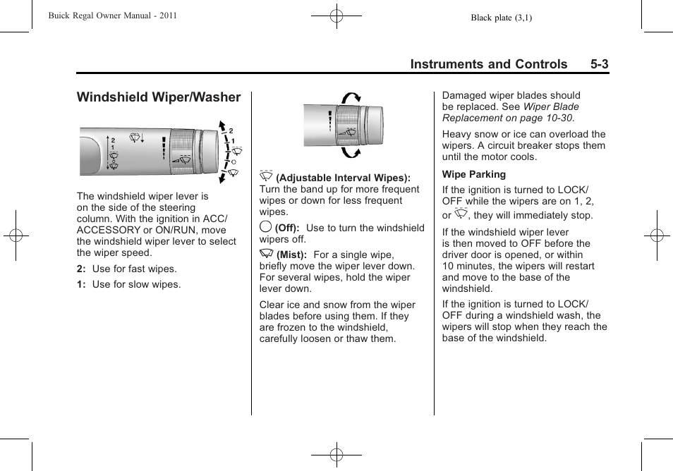 Windshield wiper/washer, Windshield wiper/washer -3 | Buick REGAL 2011 User Manual | Page 111 / 368