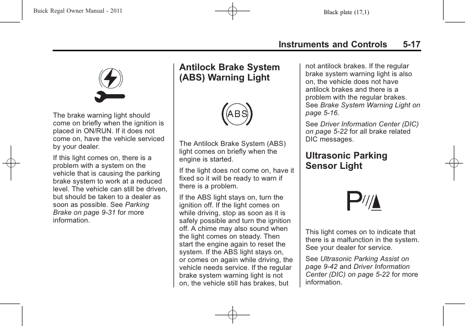 Antilock brake system (abs) warning light, Ultrasonic parking sensor light, Antilock brake system (abs) | Warning light -17, Parking sensor, Light -17 | Buick REGAL 2011 User Manual | Page 125 / 368