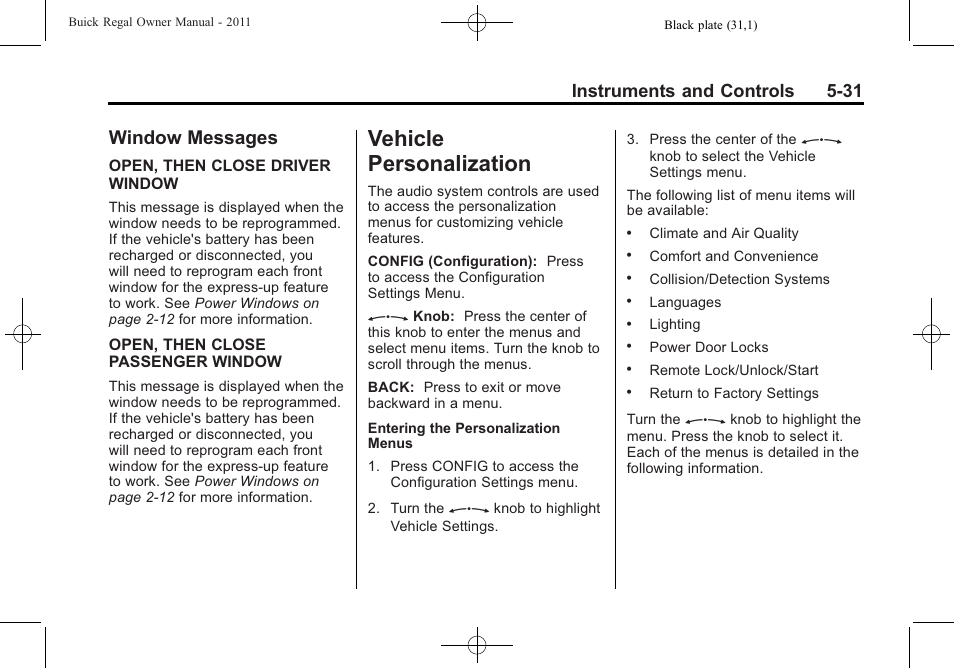 Window messages, Vehicle personalization, Vehicle personalization -31 | Window messages -31, Instruments and controls 5-31 | Buick REGAL 2011 User Manual | Page 139 / 368