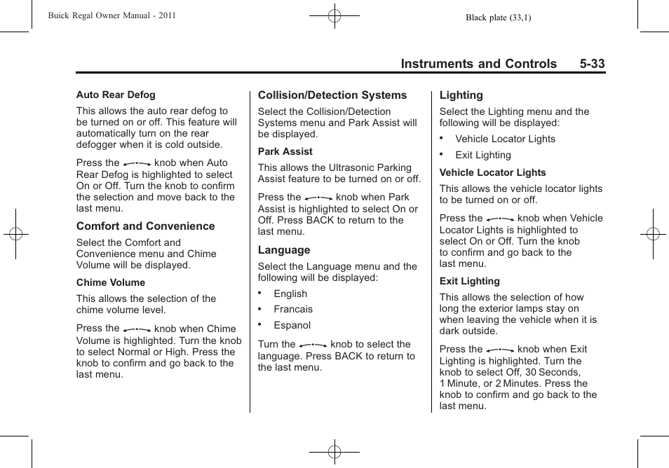 Instruments and controls 5-33 | Buick REGAL 2011 User Manual | Page 141 / 368