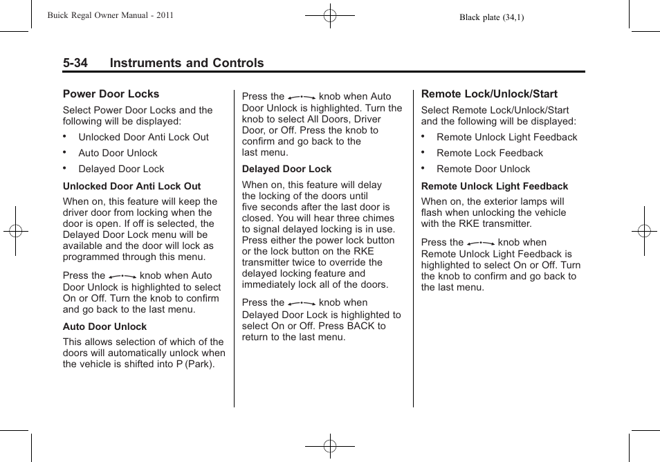 34 instruments and controls | Buick REGAL 2011 User Manual | Page 142 / 368
