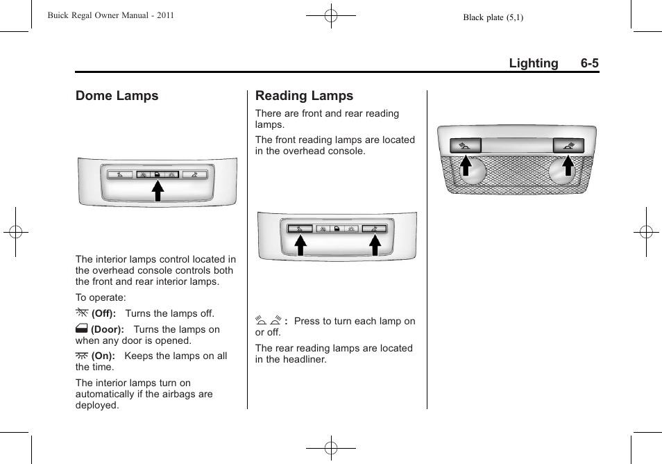 Dome lamps, Reading lamps, Dome lamps -5 reading lamps -5 | Buick REGAL 2011 User Manual | Page 149 / 368