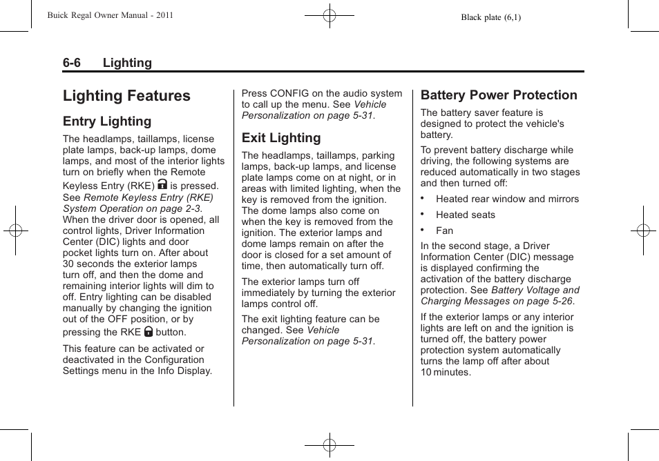 Lighting features, Entry lighting, Exit lighting | Battery power protection, Features -6 | Buick REGAL 2011 User Manual | Page 150 / 368