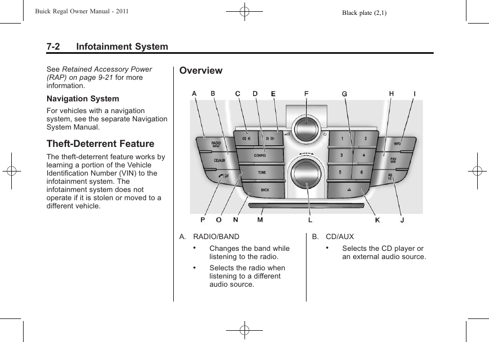 Theft-deterrent feature, Overview, Theft-deterrent feature -2 overview -2 | 2 infotainment system | Buick REGAL 2011 User Manual | Page 152 / 368