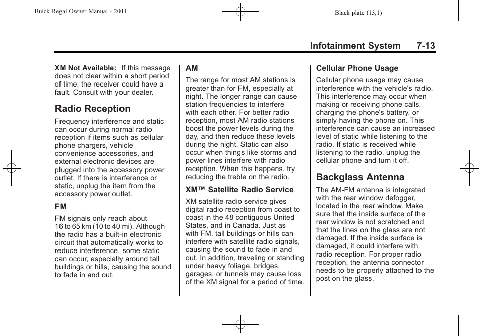 Radio reception, Backglass antenna, Radio reception -13 backglass antenna -13 | Buick REGAL 2011 User Manual | Page 163 / 368