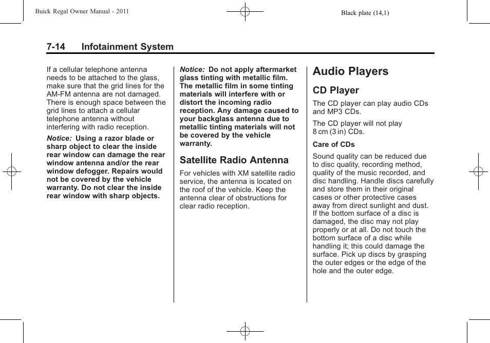 Satellite radio antenna, Audio players, Cd player | Audio players -14, Satellite radio antenna -14, Cd player -14 | Buick REGAL 2011 User Manual | Page 164 / 368