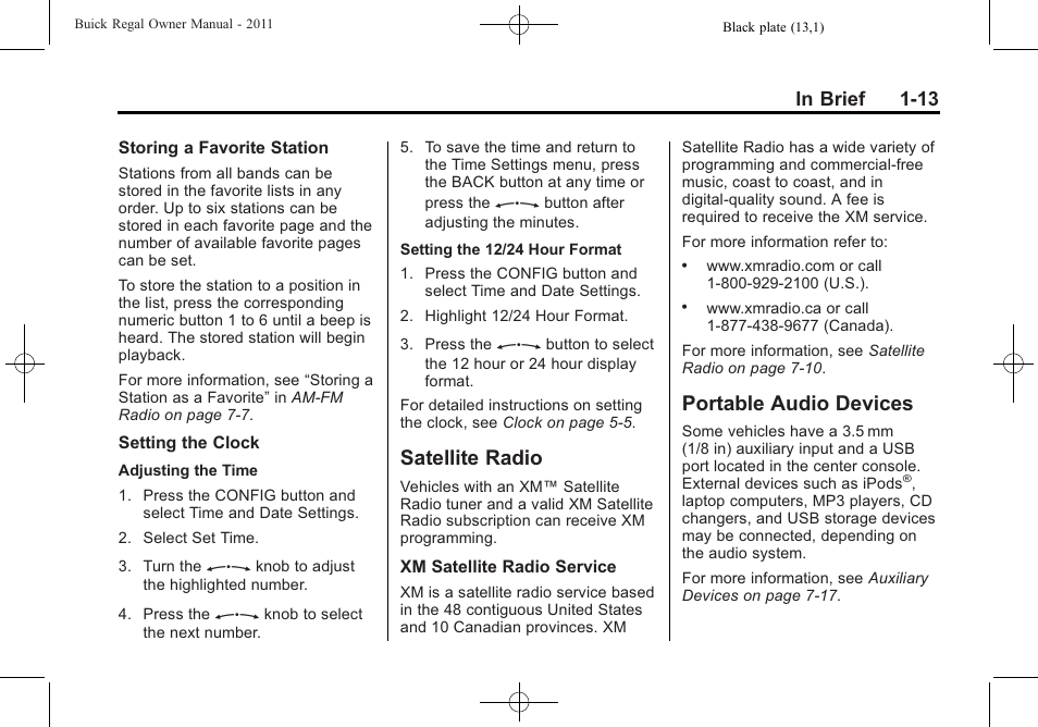 Satellite radio, Portable audio devices, Satellite radio -13 portable audio devices -13 | Buick REGAL 2011 User Manual | Page 17 / 368