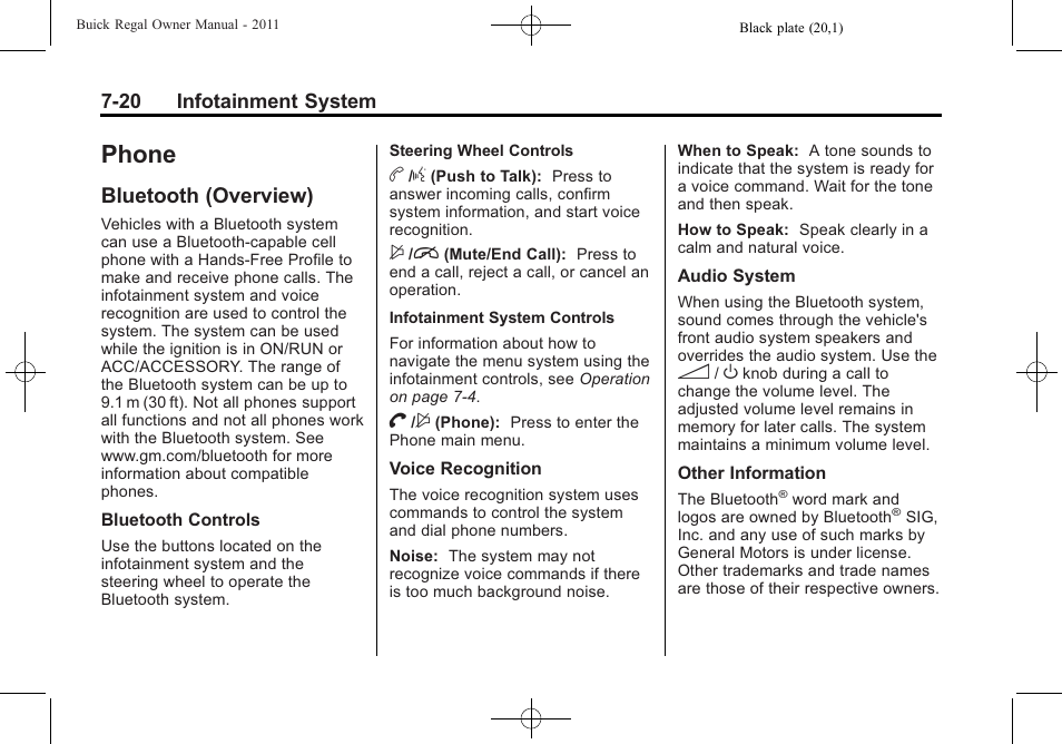 Phone, Bluetooth (overview), Bluetooth (overview) -20 | Buick REGAL 2011 User Manual | Page 170 / 368