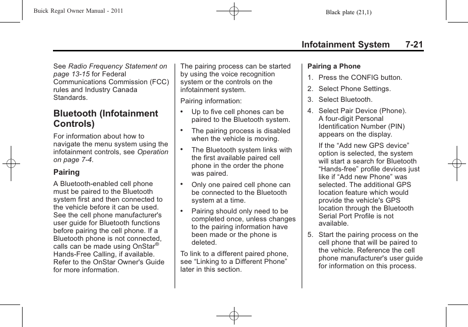 Bluetooth (infotainment controls), Bluetooth (infotainment, Controls) -21 | Infotainment system 7-21 | Buick REGAL 2011 User Manual | Page 171 / 368