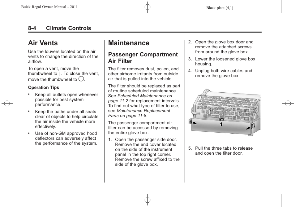 Air vents, Maintenance, Passenger compartment air filter | 4 maintenance -4, Air vents -4, Passenger compartment air, Filter -4, 4 climate controls | Buick REGAL 2011 User Manual | Page 188 / 368