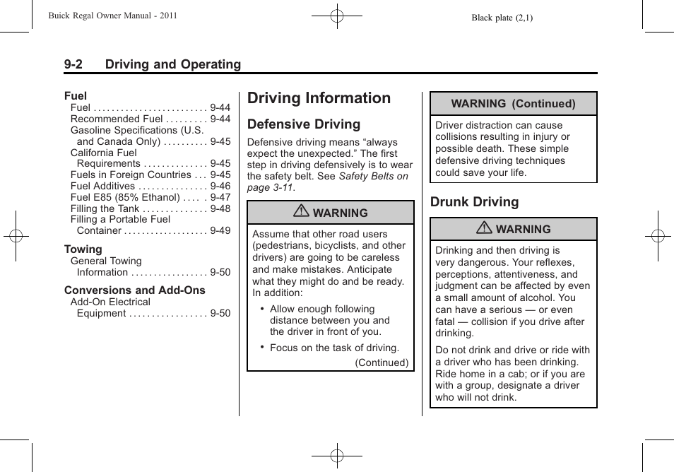 Driving information, Defensive driving, Drunk driving | Driving information -2, General information -2, General information, Defensive driving -2 drunk driving -2 | Buick REGAL 2011 User Manual | Page 192 / 368