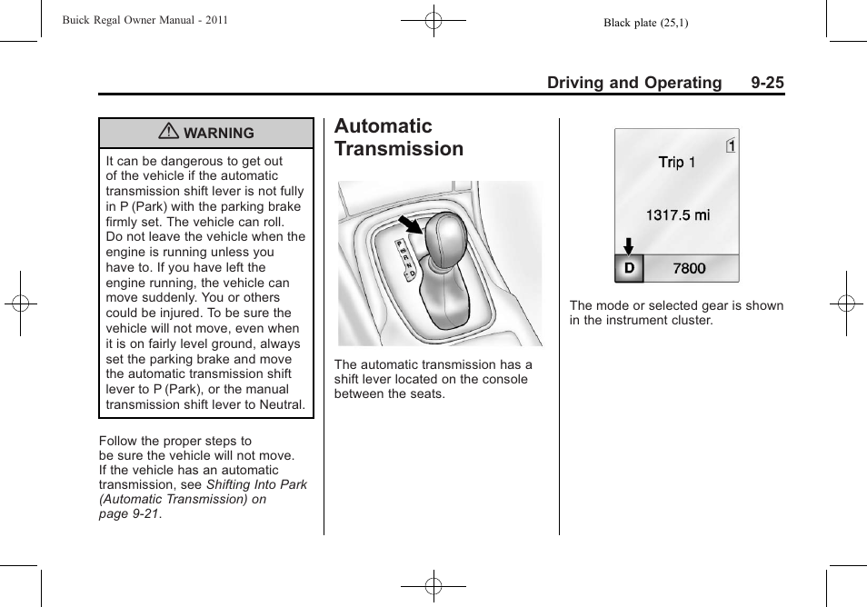 Automatic transmission, Automatic transmission -25, Bulb | Automatic | Buick REGAL 2011 User Manual | Page 215 / 368