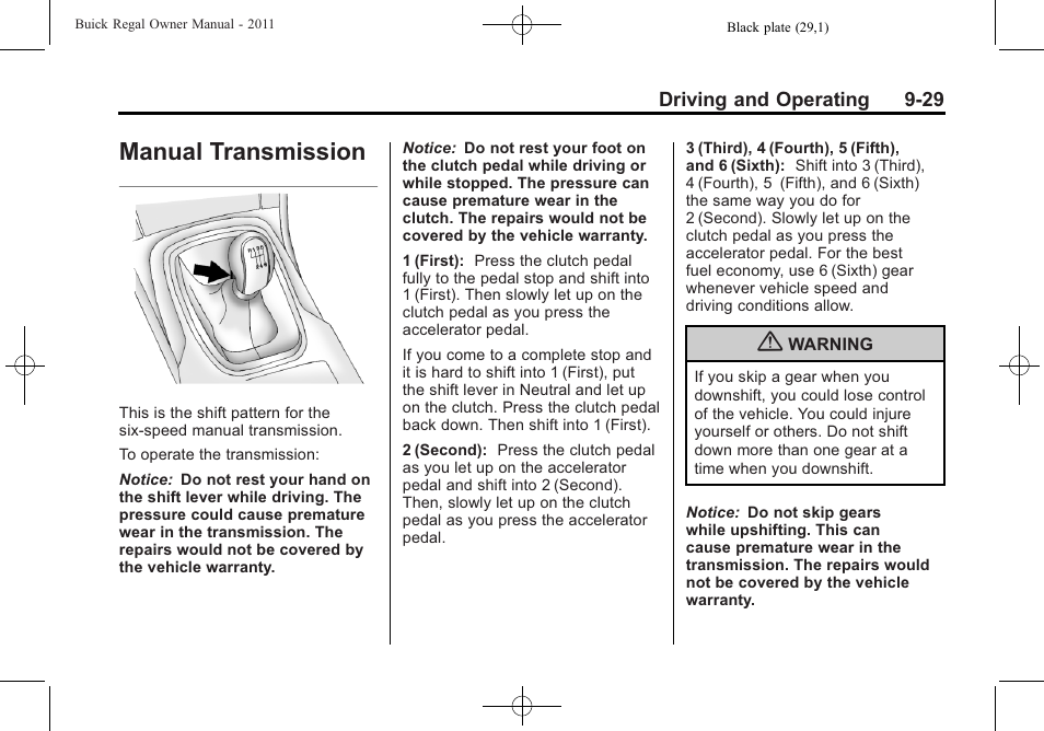 Manual transmission, Manual transmission -29 | Buick REGAL 2011 User Manual | Page 219 / 368