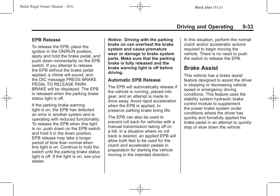 Brake assist, Brake assist -33 | Buick REGAL 2011 User Manual | Page 223 / 368