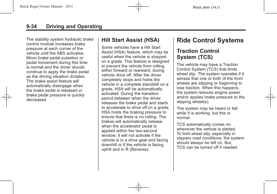 Hill start assist (hsa), Ride control systems, Traction control system (tcs) | Ride control systems -34, Jump starting, Start assist (hsa) -34, Traction control, System (tcs) -34 | Buick REGAL 2011 User Manual | Page 224 / 368