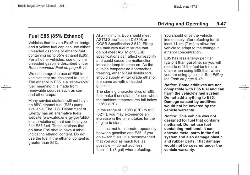 Fuel e85 (85% ethanol), Fuel e85 (85% ethanol) -47 | Buick REGAL 2011 User Manual | Page 237 / 368