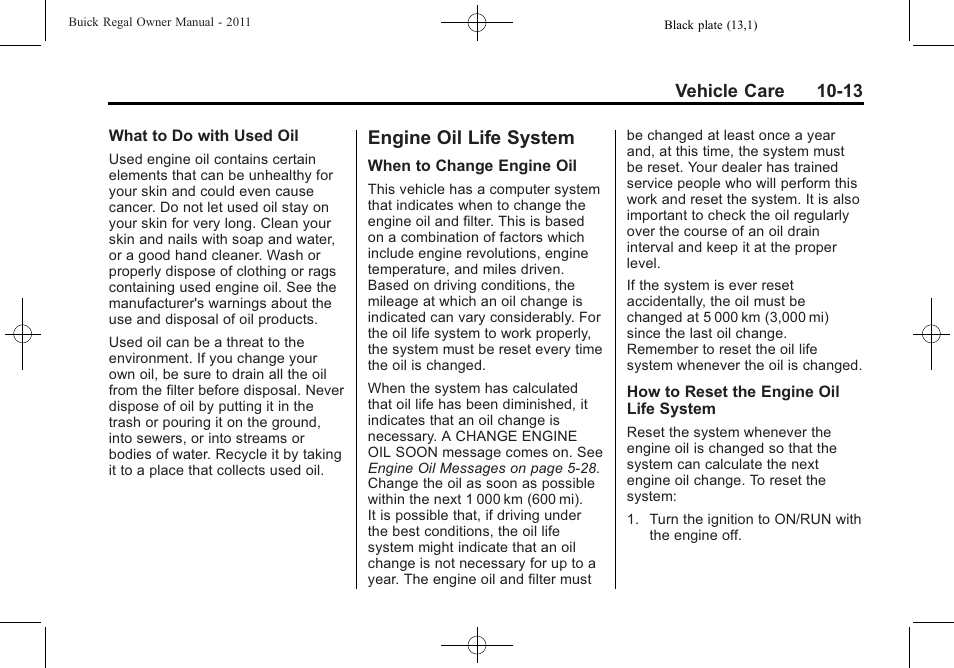 Engine oil life system, Engine oil life system -13 | Buick REGAL 2011 User Manual | Page 253 / 368