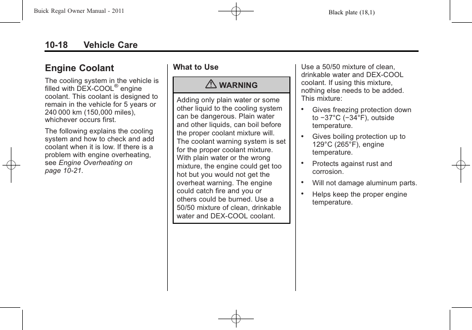 Engine coolant, Engine coolant -18, Headlamps | 18 vehicle care | Buick REGAL 2011 User Manual | Page 258 / 368