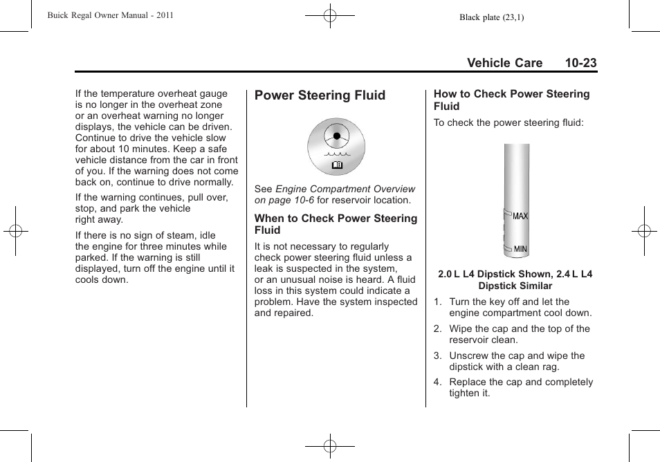 Power steering fluid, Power steering fluid -23, Lamps | Vehicle care 10-23 | Buick REGAL 2011 User Manual | Page 263 / 368